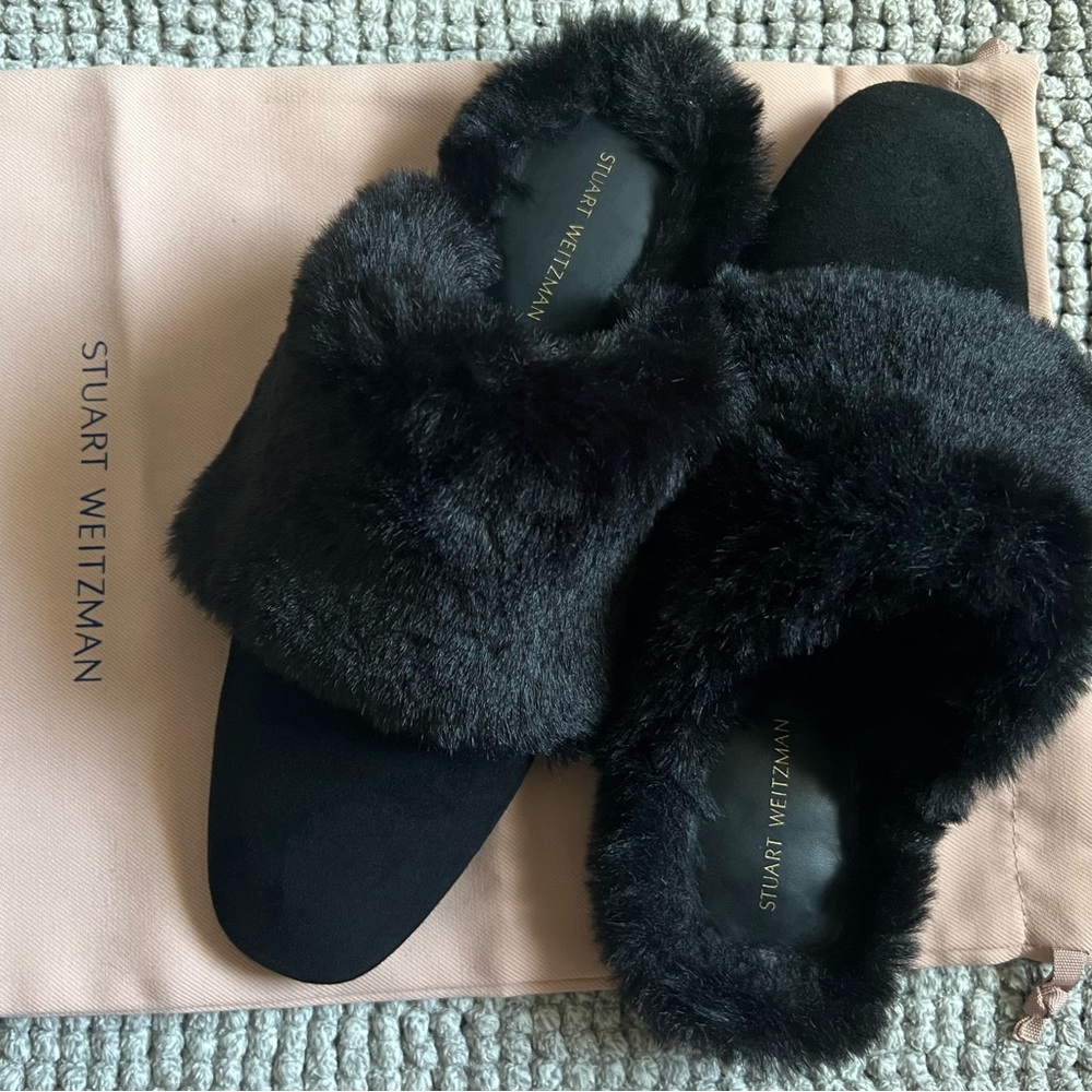 Stuart Weitzman black fur mules